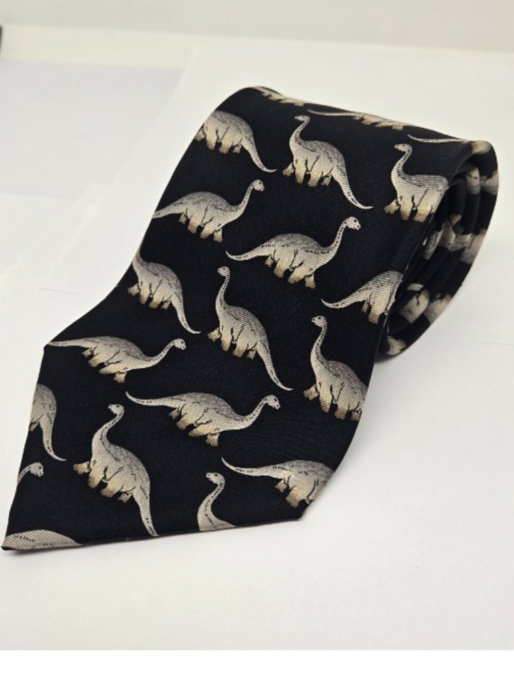 Austin Grey 100% Silk Tie, Black, Dinosaurs